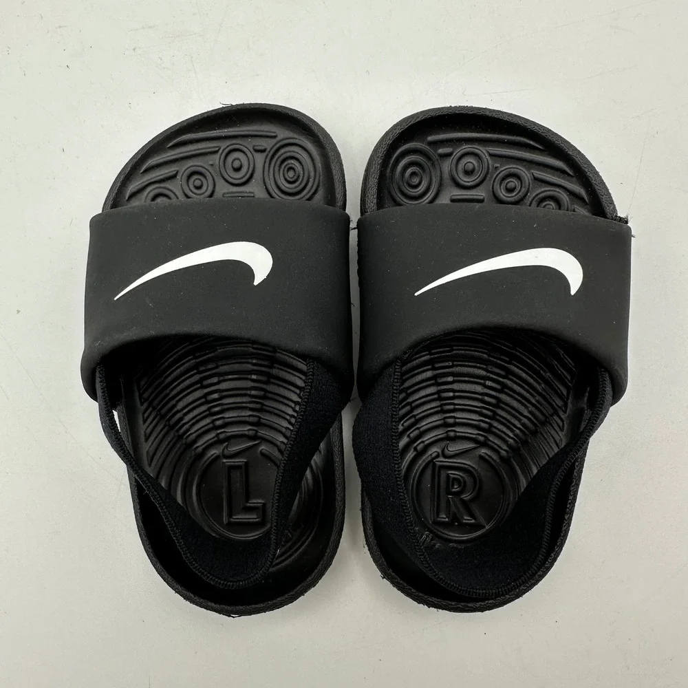 Nike Kawa Slide Toddler 4C Black White Swoosh Elastic Heel Strap BV1094-001